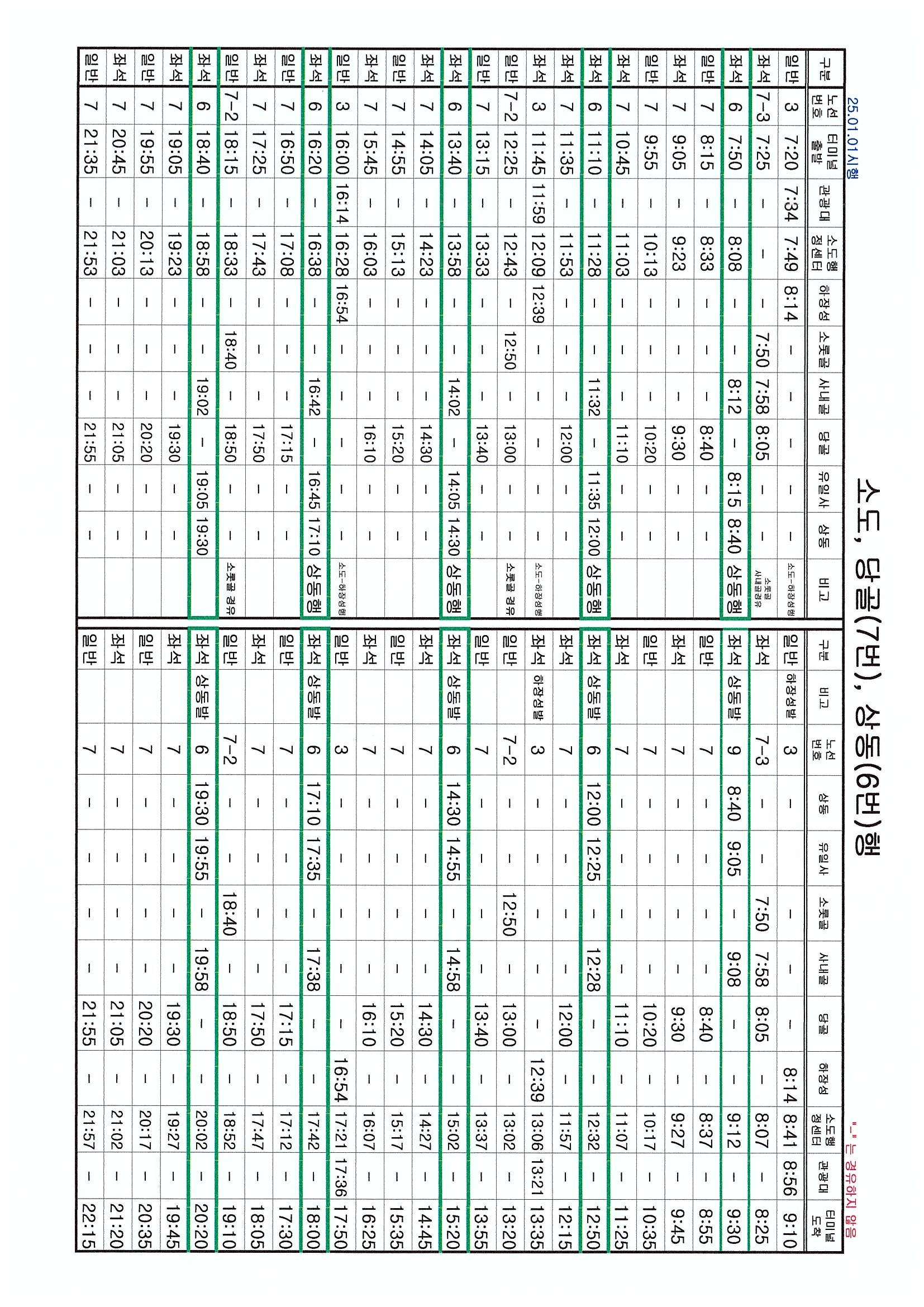 소도, 당골 7번, 상동 6번행 시간표, 2025년 1월 1일 시행